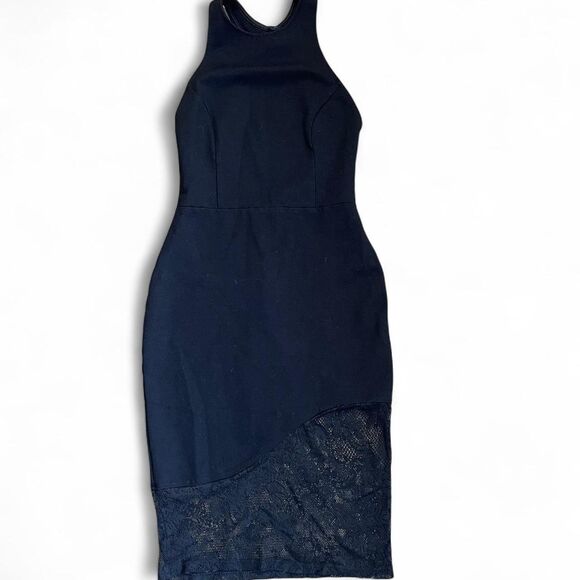 High neck low back black midi dress with a bodycon fit and lace bottom - Picture 1 of 4